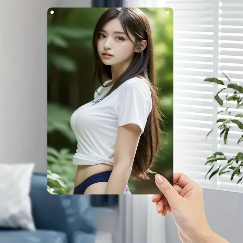 

Korean Short Hair Lady Metal Wall Art - White T-Shirt Portrait Iron Tin Sign for Home, Cafe & Bar
