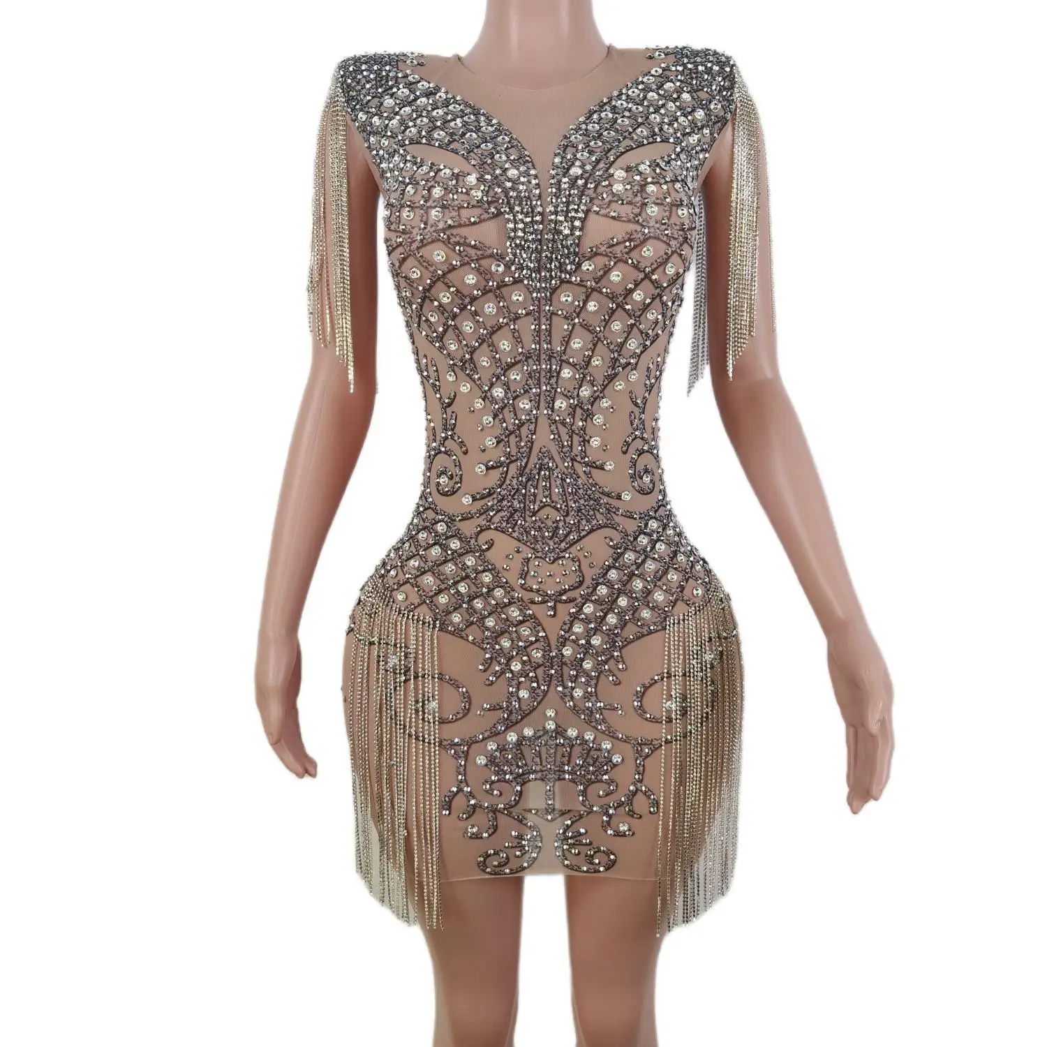 Vestido de noche de crepé con flecos y cristales brillantes para mujer, ropa de noche Sexy, vestido de fiesta de discoteca para Banquete de baile