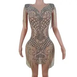 Vestido de noche de crepé con flecos y cristales brillantes para mujer, ropa de noche Sexy, vestido de fiesta de discoteca para Banquete de baile