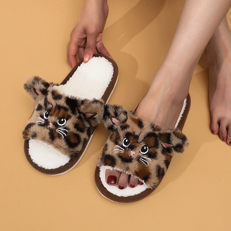 Cute Cat Plush Slippers for Women Cartoon Animal Open Toe Soft Sole Indoor Home Slides Woman Comfy Non Slip Fluffy Flat Slippers