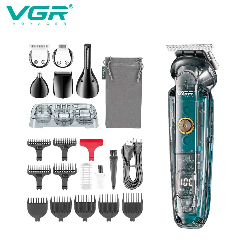 VGR V102 Hair Trimmer Electric Barber Multi-functional 6-in-1 Hair Cutting LED Transparent Trimmer for Men IPX7 Waterproof V-102