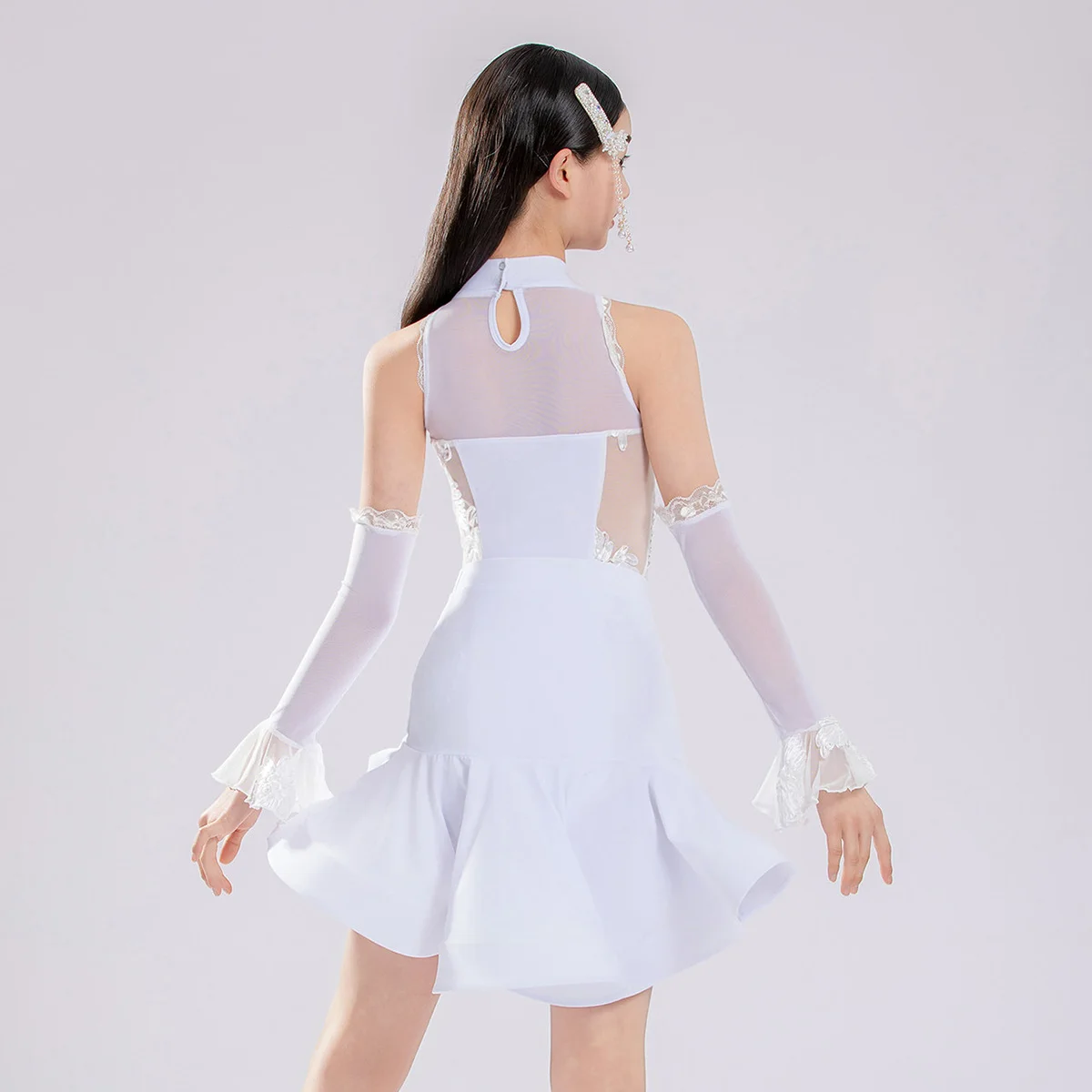 

Children Girls Latin Dancewear Practice Mesh Sleeveless Bodysuit and Fishbone Large Skirt Women Rumba Dance Competition Costume