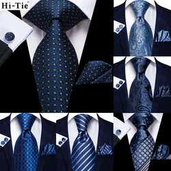 Conjunto de corbata de seda para hombre, corbatas Extra largas, pañuelo tejido clásico, corbata cuadrada de bolsillo, Hi-Tie, azul marino, 63 pulgadas, 160cm