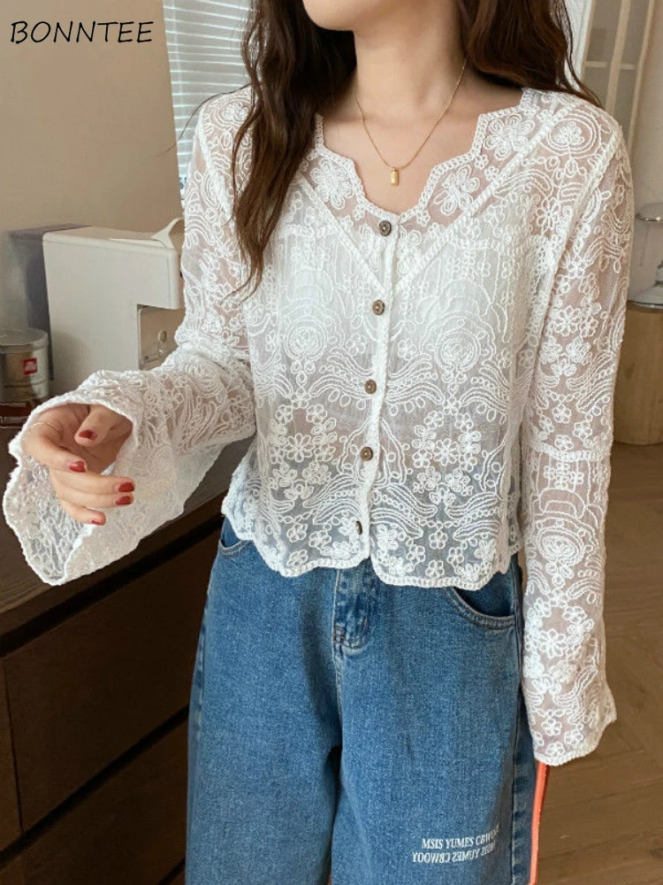

V-neck Shirts Women Lace Floral Y2k Tops Temper Vintage Vintage Clothing Spring Autumn Designed All-match Aesthetic Womens Ins