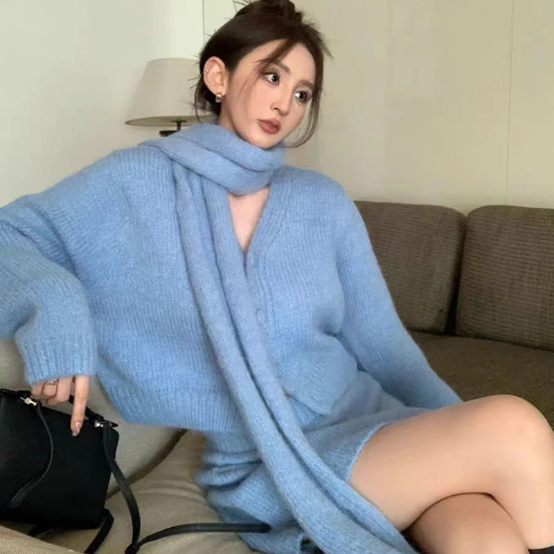 Winter Commuter Women Suit New Korean Style Solid Color Knitted Cardigan Short Skirt Set Blue Two Piece Sets Women Outfits