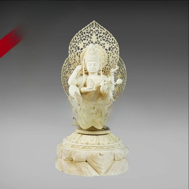 Seated Buddha statue of Guanyin Bodhisattva Solid wood carved temple enshrines ornament statues