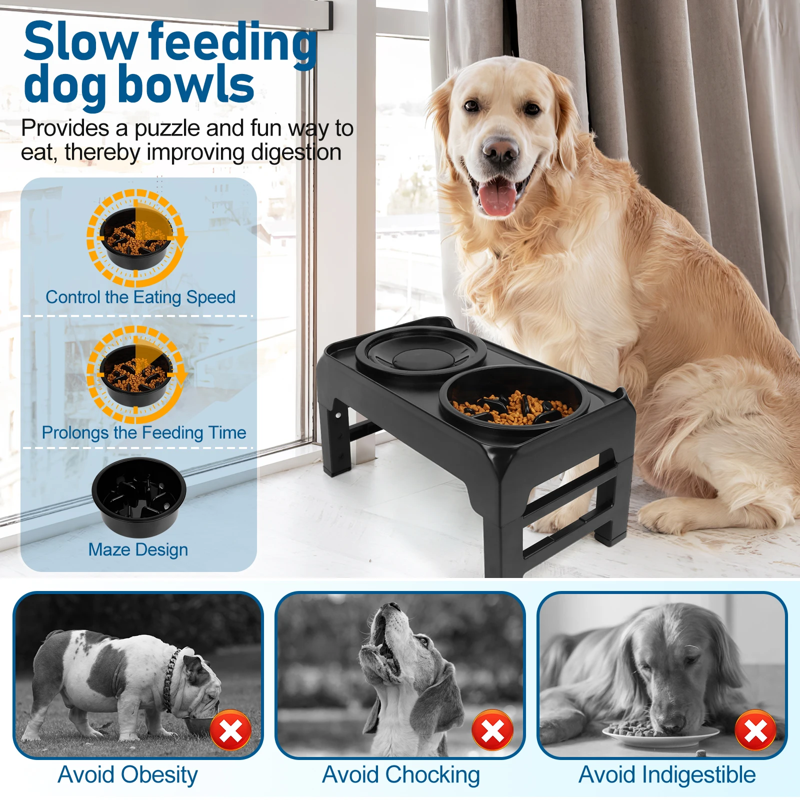 Elevated Dog Bowls, 2-in-1 Raised Slow Feeder Dog Bowls Stand with Anti Spill Water Bowl 4 Height for Large Medium Dogs,