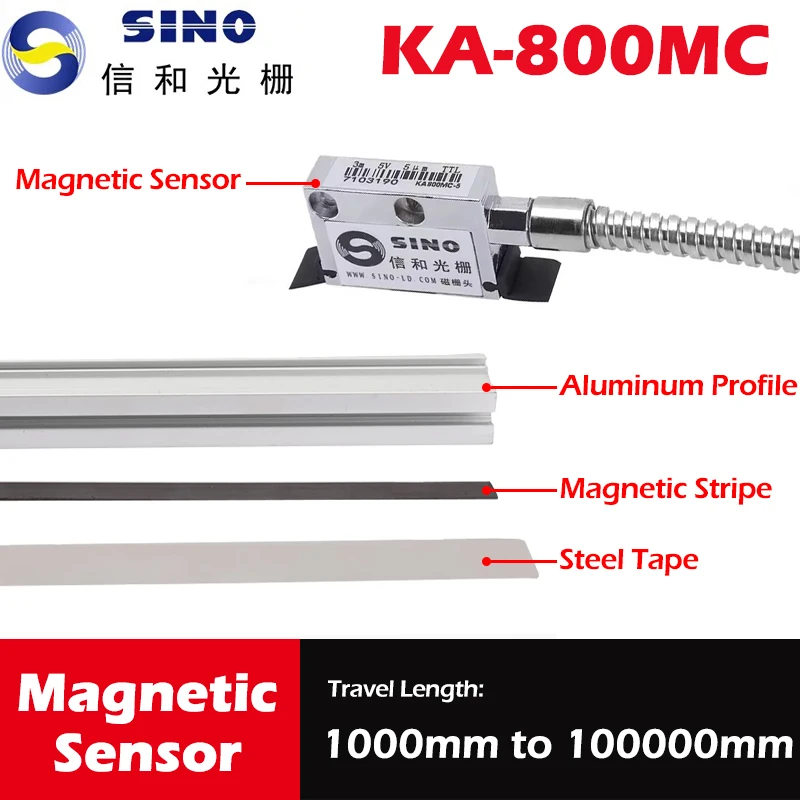 SINO KA-800MC 0.005mm Magnetic Scale 1000 1300 1500 1600 1700 1800mm Tape Sensor Reader Head Linear Displacement Magnet Strip