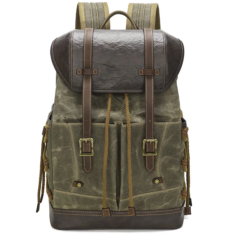 Men's Waxed Canvas Backpack - Waterproof Travel Rucksack, Vintage School Laptop Bag for Work & Outdoor Hiking