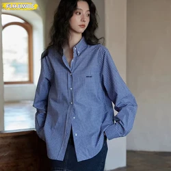 Hot Sales Cotton Blends Tops Blouses New 2025 Spring New Year Girls Preppy Style Loose Boyfriend Design Button Blue Plaid Shirts