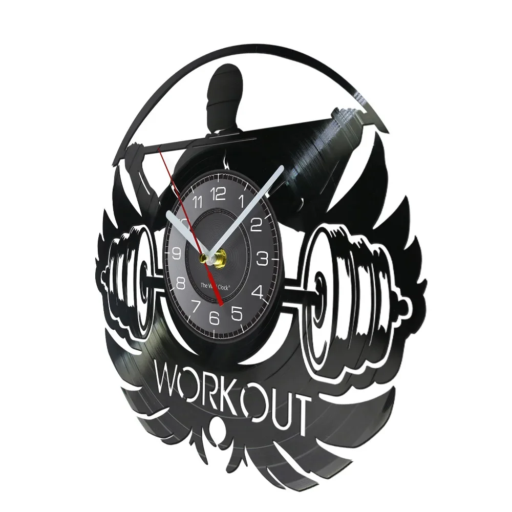 Fitness Dumbbell Vinyl Record Wall Clock Fitness Gym Theme Home Decoration Living Room Fitness Art Decoration Wall Watch