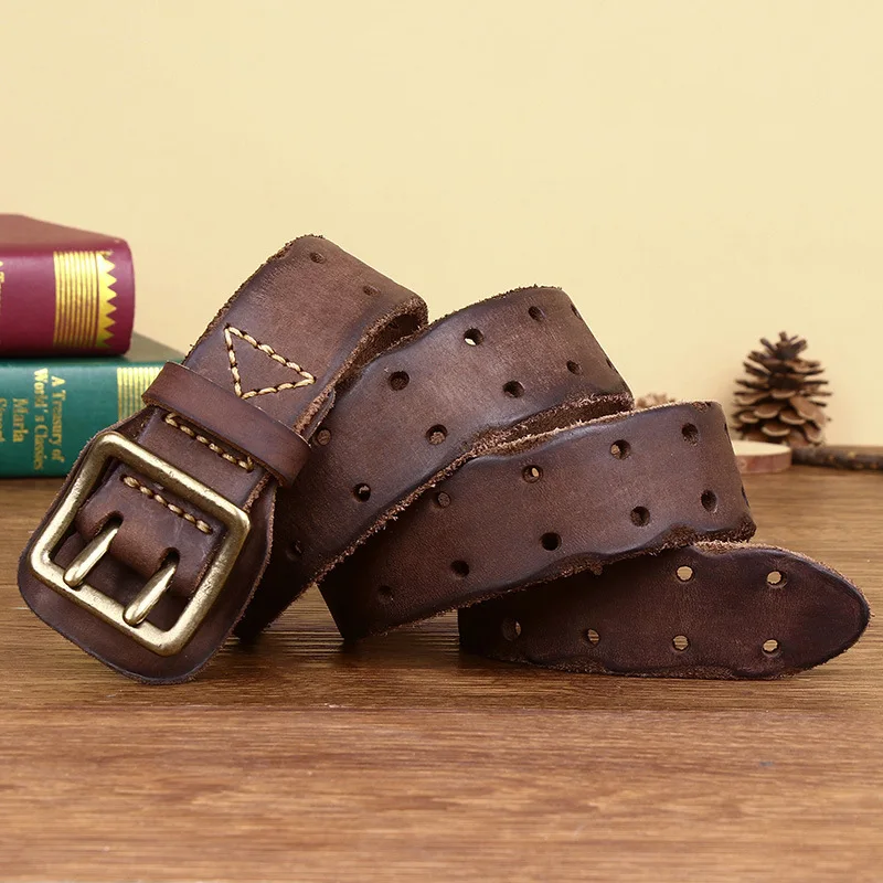 Men 2 Pin Buckle Top Real Full Grain Genuine Leather Belt 38 mm Double Needle Casual Jeans Belt