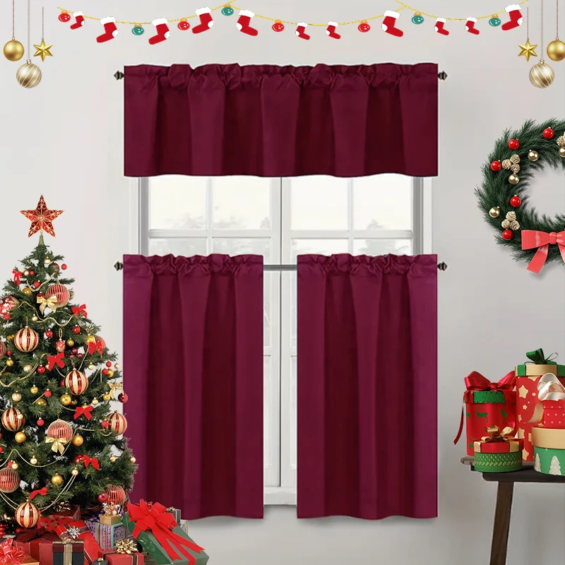 Christmas Solid Color Curtains, Kitchen Curtains W106cm x H30cm 1PC, W132cm x H61cm 1PC, W70cm x H132cm 2PCS