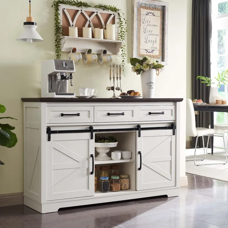 Rustic Storage Cabinets w/Sliding Barn Door Farmhouse Buffet Cabinet, 53” Sideboard Cabinet w/3 Drawer