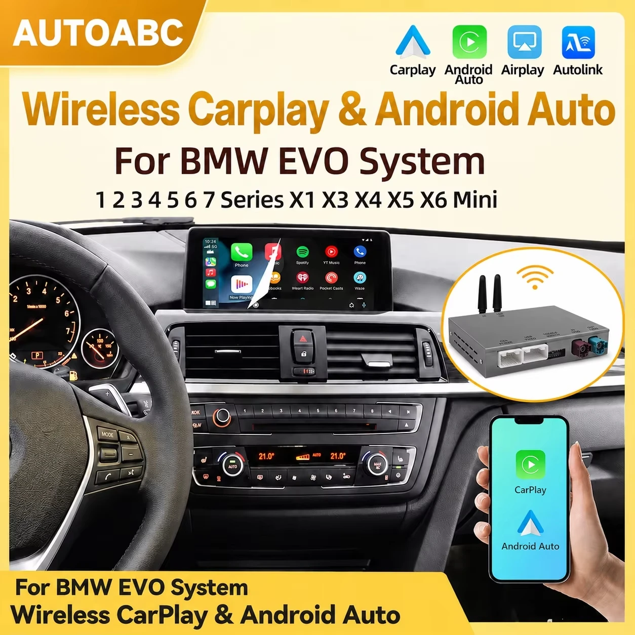 Adapter bezprzewodowy CarPlay Android Auto do BMW EVO ID5 ID6 Serii 1/2/3/4/5/6/7 X1 X3 X4 X5 X6 Mini F Chassis F20 F22 F30 F32 F34 F36 F15 F16 F48 F49 G11 G13 G30 G31 Bezprzewodowy AirPlay Mirror