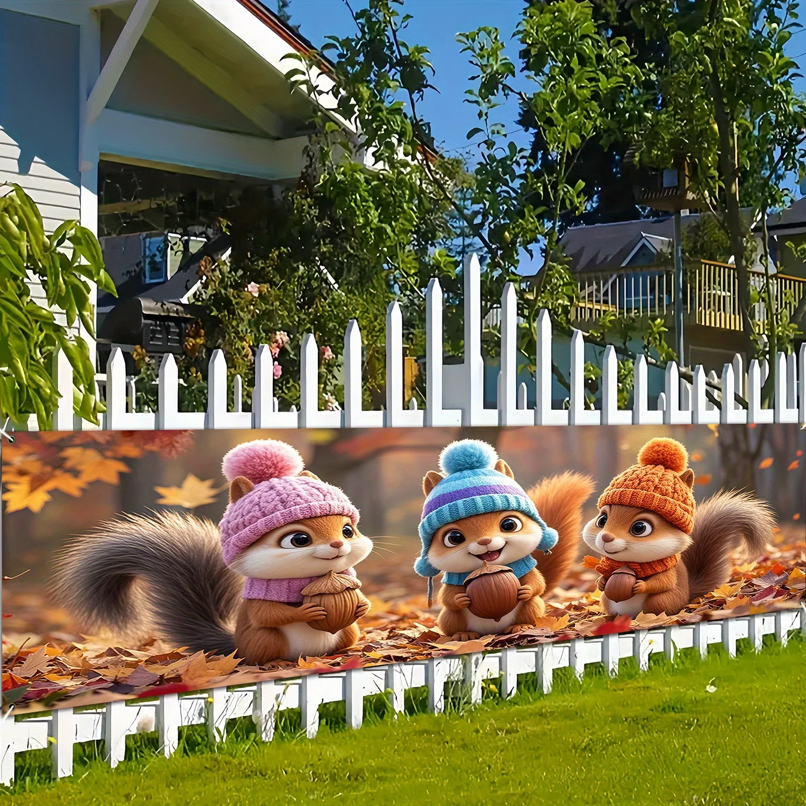1pc Autumn Yard Banner, Cute Squirrels & Fallen Leaves Pattern, Indoor Outdoor Thanksgiving Harvest Party Decor