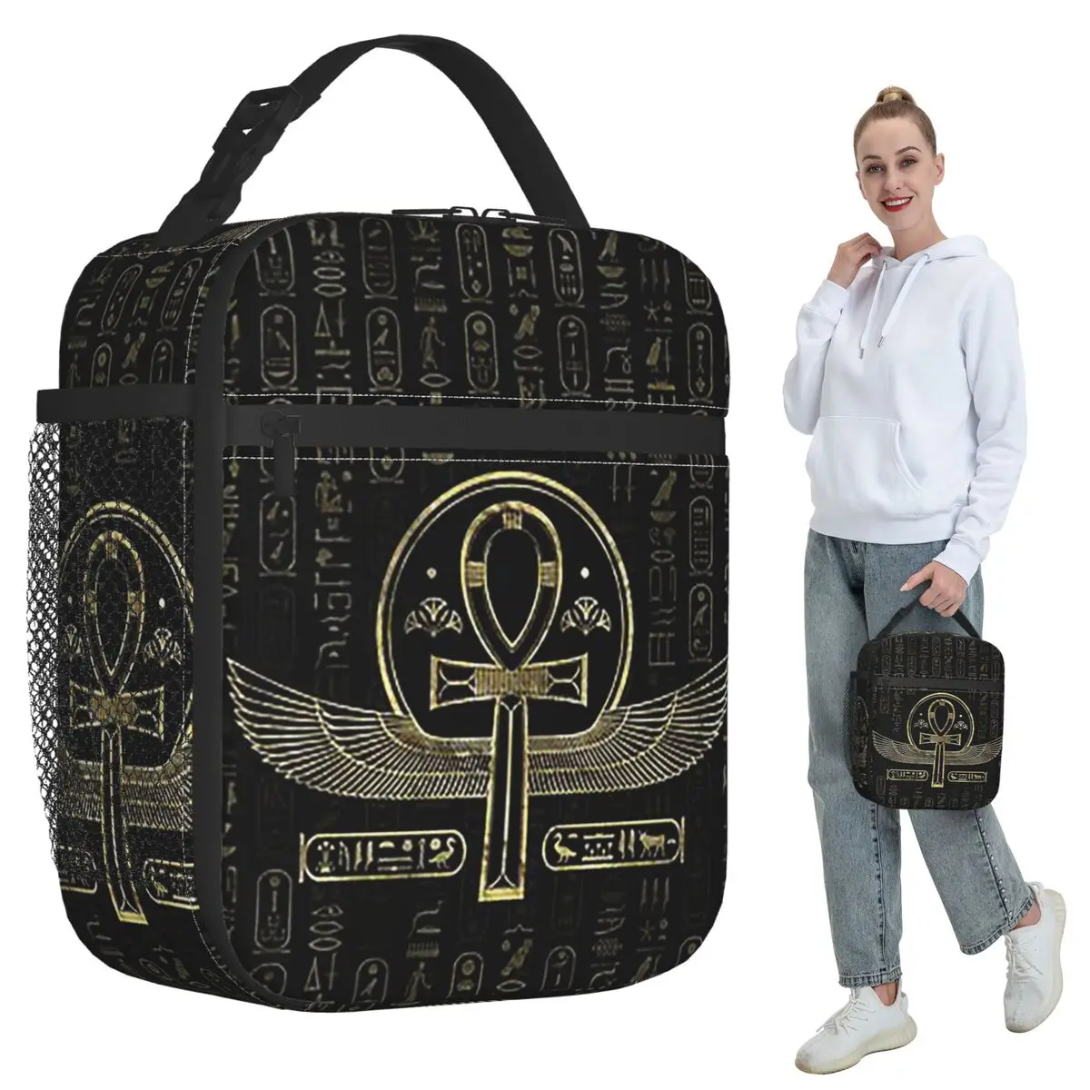 Egyptian Cross Ankh Gold And Black Insulated Lunch Bag for Women Office Cooler Thermal Food Box Tote Lunch Boxes Container