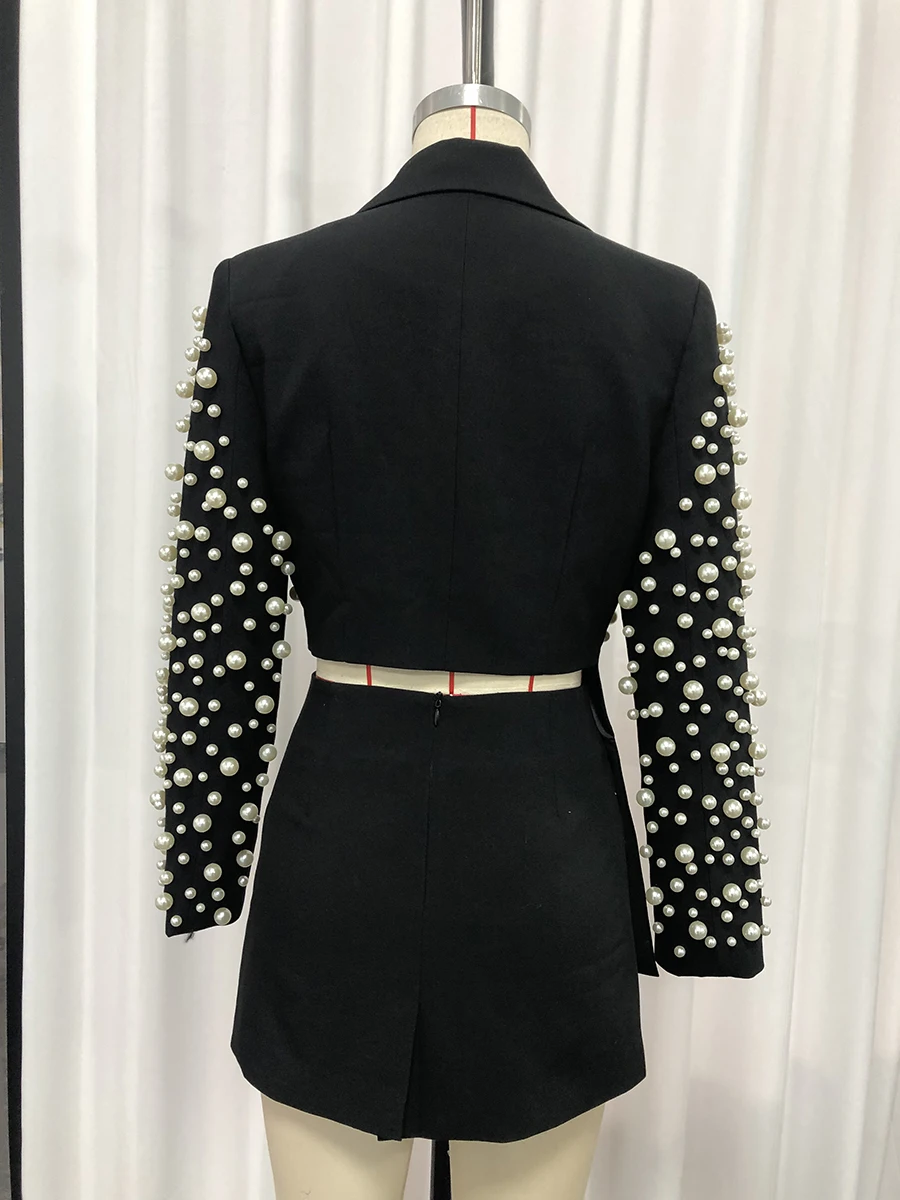 TWOTWINSTYLE Spliced Pearls Two Piece Set for Women Lapel Long Sleeve Irregular Top High Waist Mini Skirt Office Suit Female New - Image 5