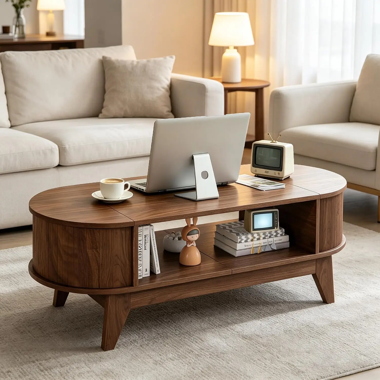 Coffee Table with Storage Walnut Coffee Table with 2 Flip-Top Hidden Lids | Mid Century Center Table with Storage, Customized image 6