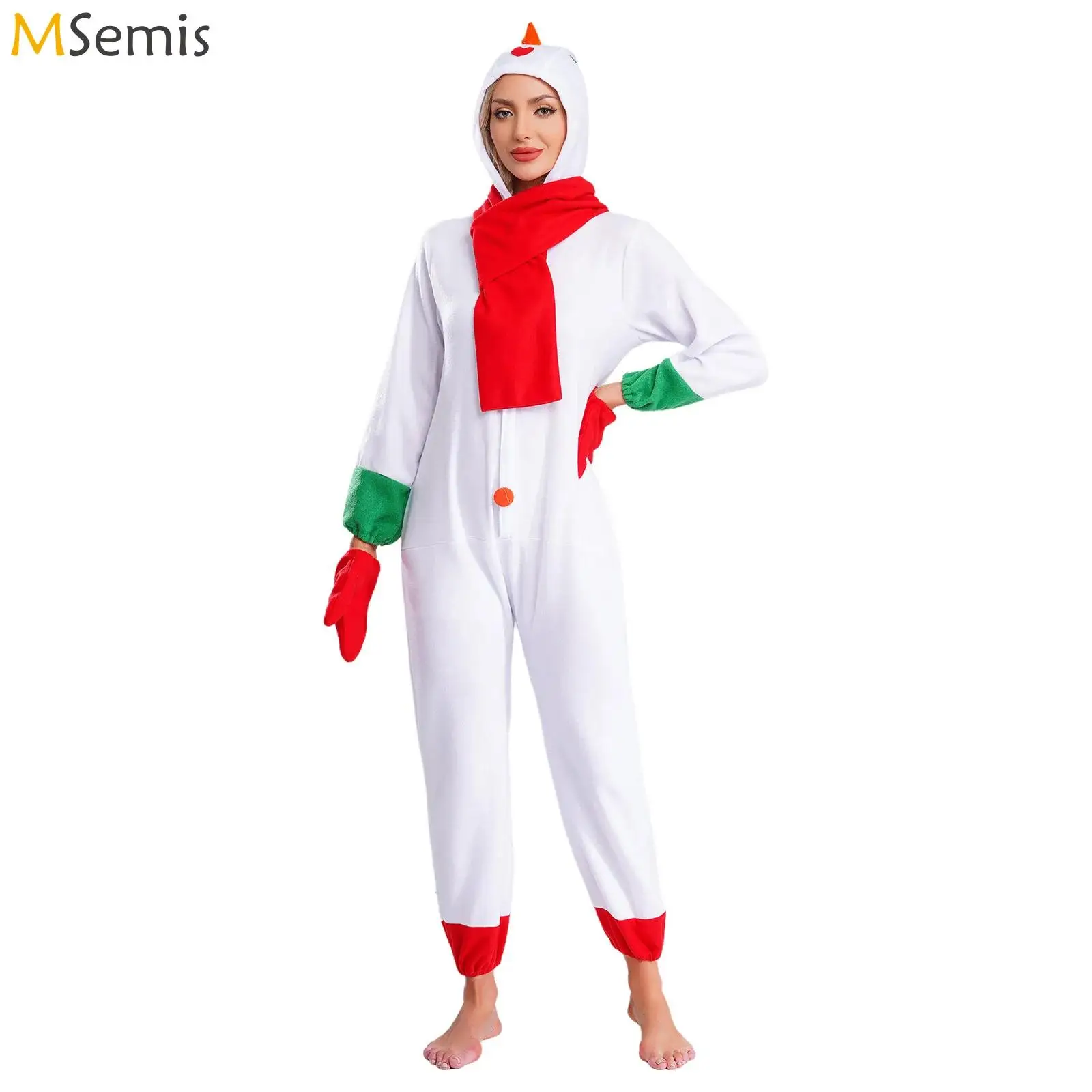 

Mens Womens Christmas Snowman Ginger Cookies Reindeer Rompers with Gloves And Scarfs Cute Decor Hooded Jumpsuit Dress-up Costume