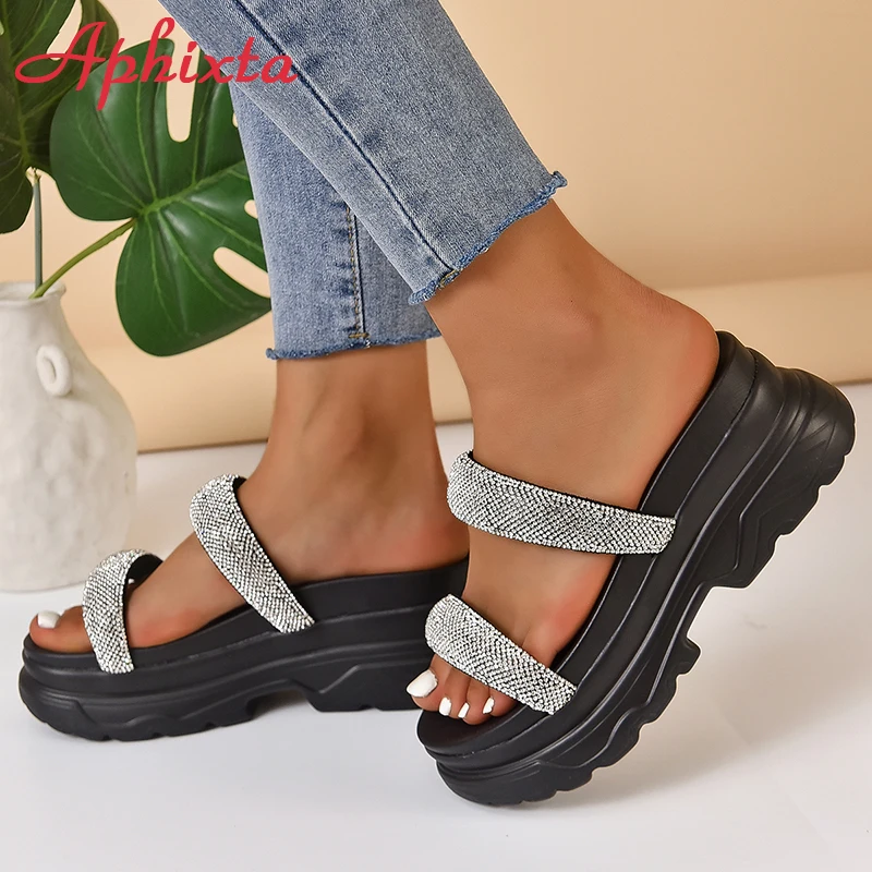 Aphixta Summer Luxury Crystals Sandals Women Platform 8cm Black White Wedge High Heels Chunky Sole Slides Beach Slippers Shoes