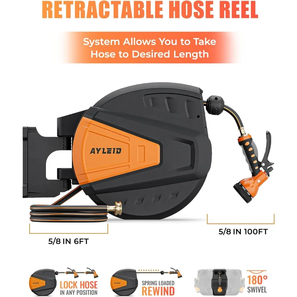 بكرة خرطوم حديقة قابلة للسحب مثبتة على الحائط 5/8 بوصة × 100 قدم مع 9 وظائف فوهة رش أي طول قفل نظام إرجاع بطيء