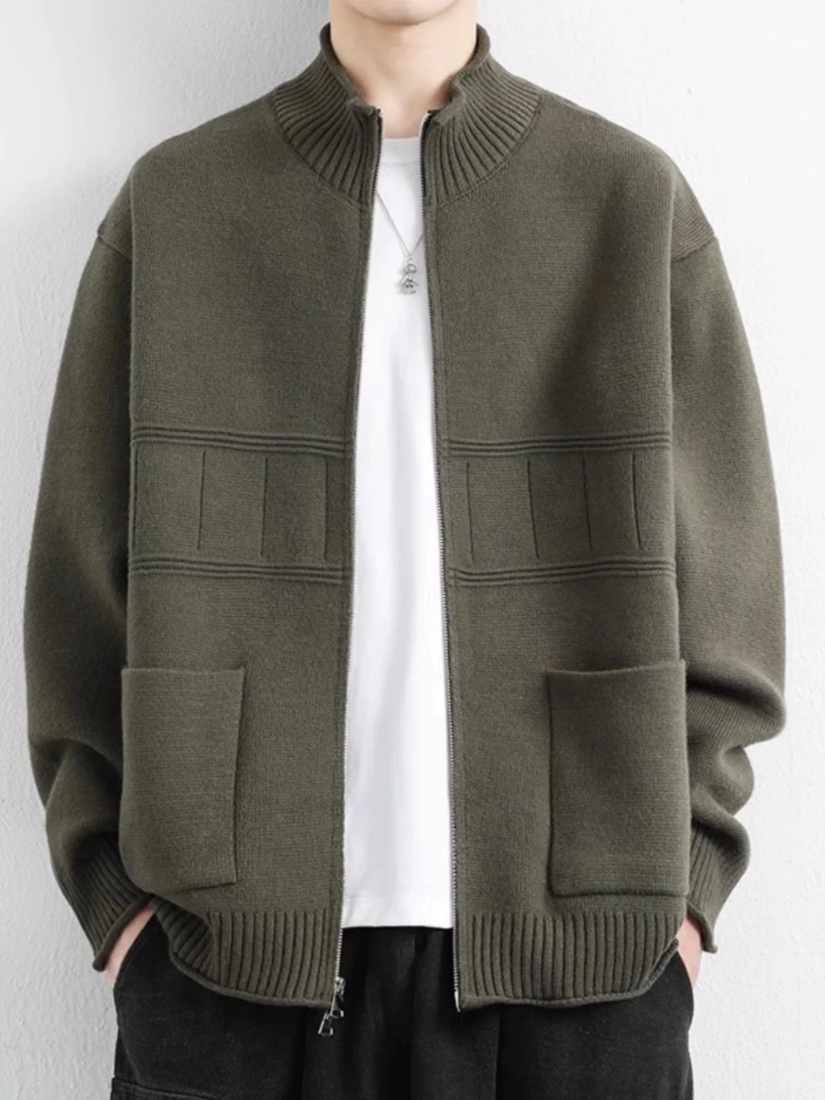 

Модный вязаный кардиган для мужчин: весенне-осенняя повседневная куртка с воротником-стойкой, длинными рукавами, в городском стиле, для молодежи