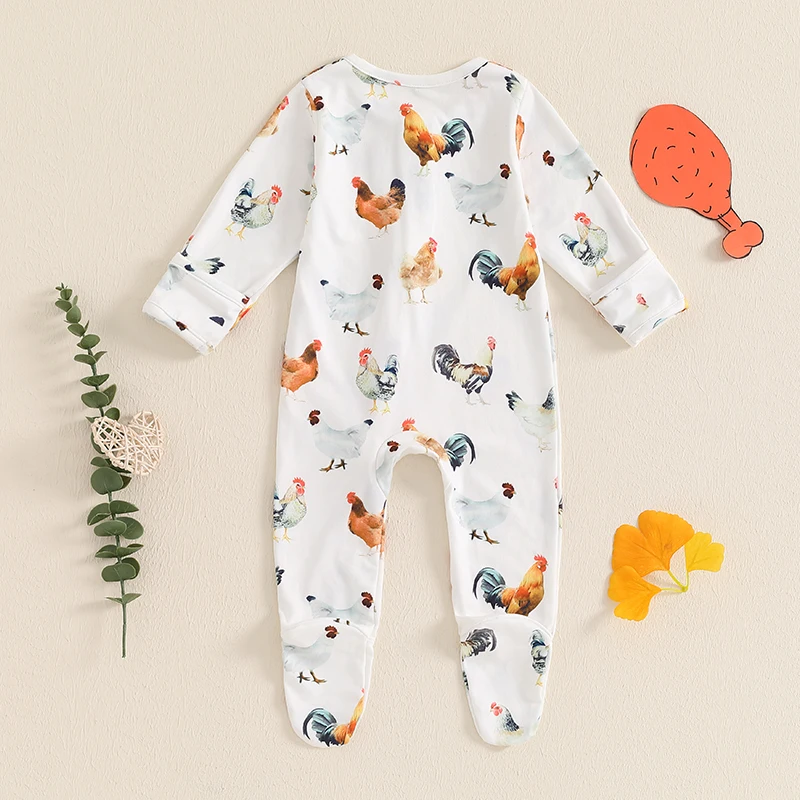 ชุดรอมเปอร์มีซิปสำหรับเด็กผู้ชายชุดจั๊มสูทแขนยาวพิมพ์ลายไก่แบบลำลองสำหรับทารกเด็กวัยหัดเดินชุดฤดูใบไม้ร่วง