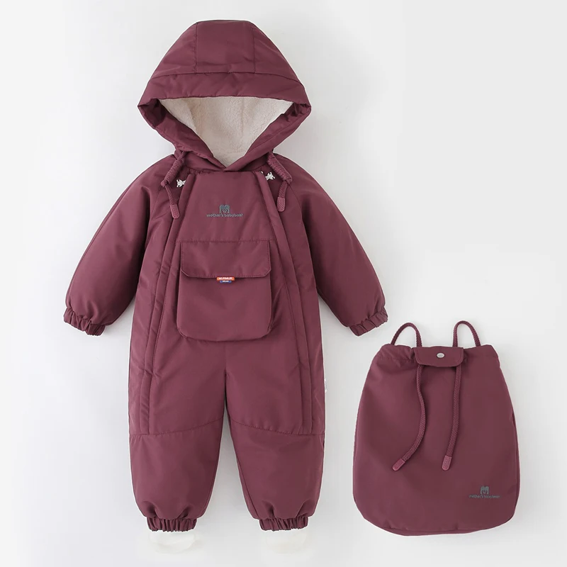 IYEAL Baby Winter Snowsuit Hooded Fleece Lined Jumpsuit, Thick Warm Infant Romper with Storage Bag, Waterproof Toddler Ski Suit
