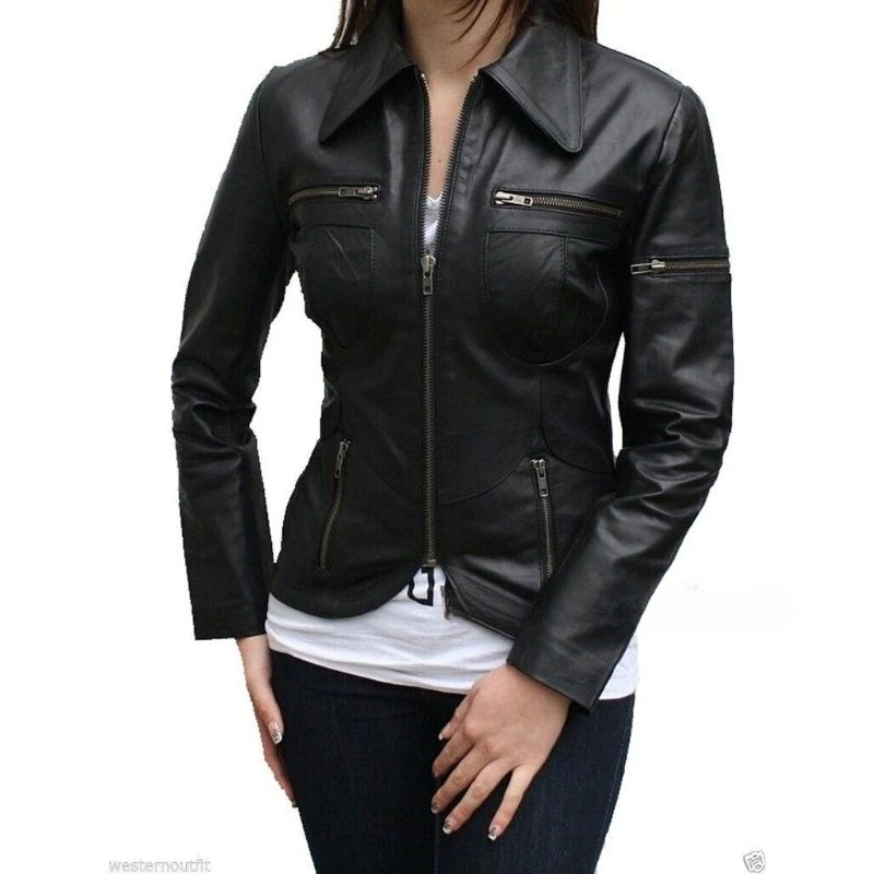 NEW Women's Genuine Lambskin Real Leather Jacket Black Stylish Collar Party Coat