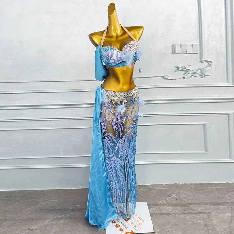 High End Gold Blue Belly Dance Outfit Oriental Dance Adult Female Performance Group Competition Costume Stage Performance Dress