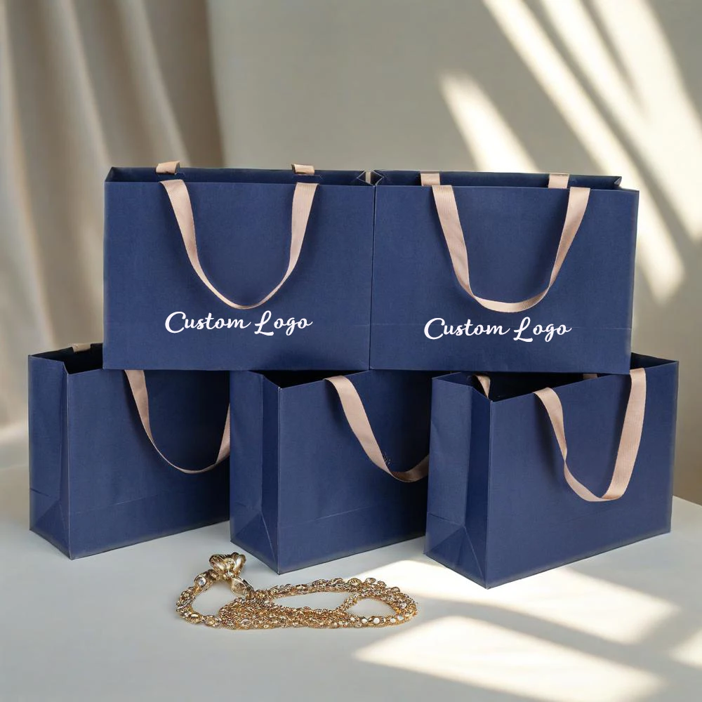 

Custom Luxury Kraft Paper Bags with Handle Dark Blue Cardboard for Shoe Shopping Baby Shower Wrap Personalized Your Own Logo