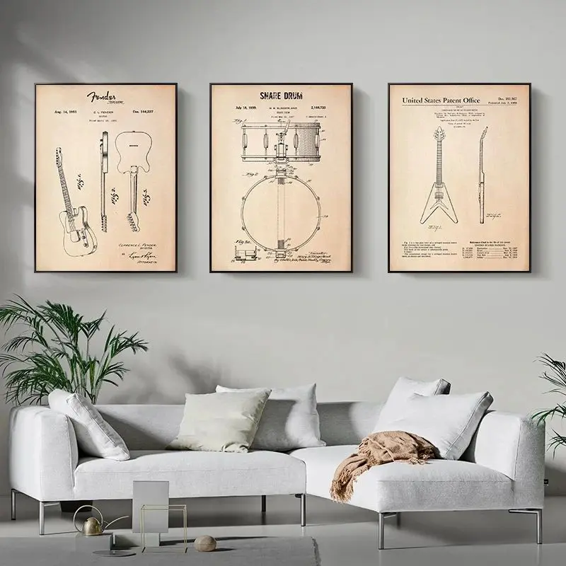 براءة اختراع الرسم ملصق آلة موسيقية الغيتار البيانو رف طبل قماش الطباعة للمنزل جدار الفن الديكور اللوحة بدون إطار #2