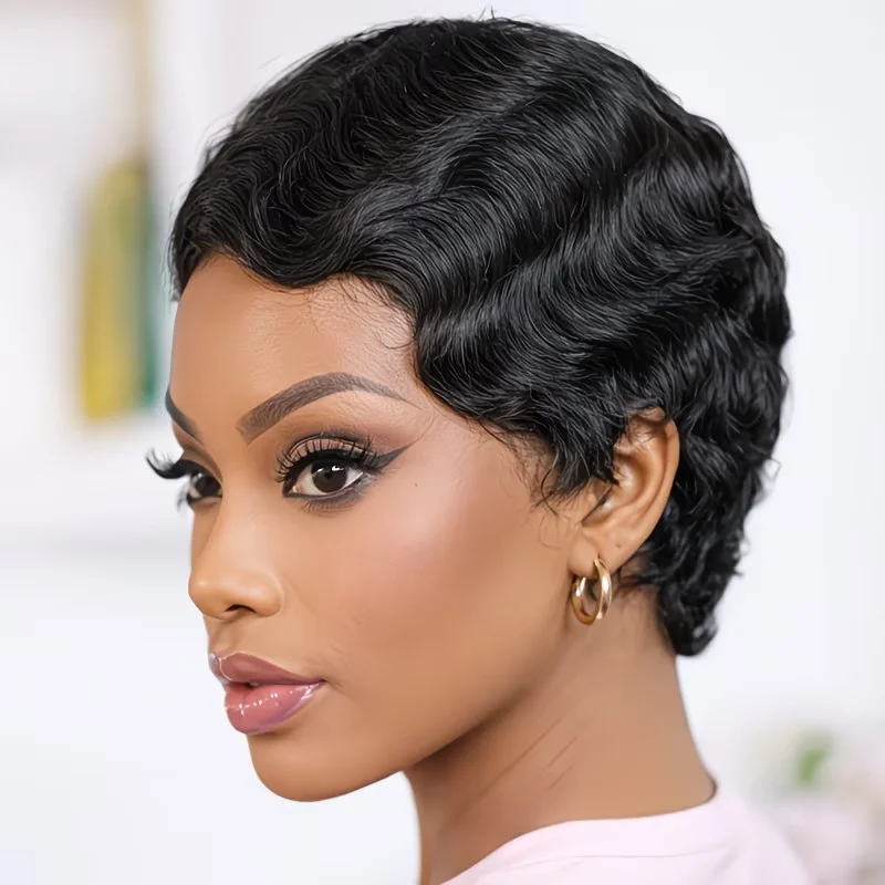 

Pixie Cut Finger Wave Short Bob Wigs For Women Human Hair Ocean Wave Machine Made