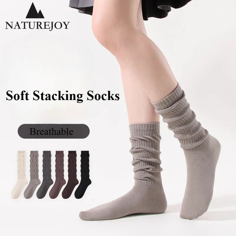 White Calf Socks Birkenstocks Stocking Pure Cotton Solid Colors Folds Stacking Long Socks Women Autumn Winter Japanese Fashion