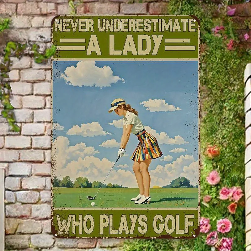 Vintage Metal Golf Sign Never Underestimate A Golf Lady 8x12 Inch Retro Wall Art Decor for Home Club Bar Garage Cafe