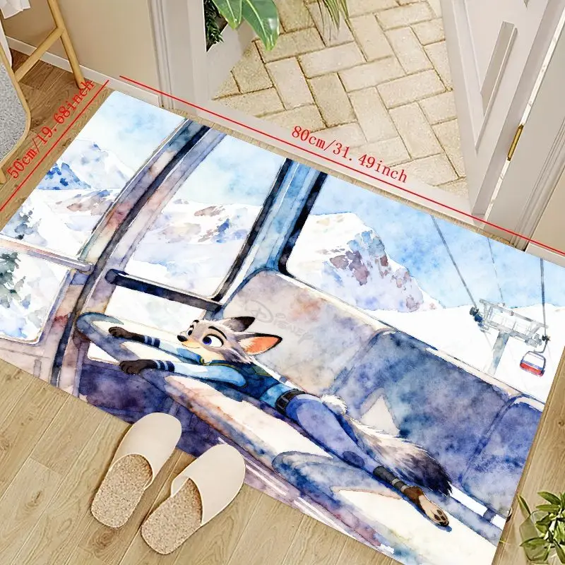 

1 шт. Disney Zootopia Nick Wilde напольный коврик, эстетический акварельный лыжный подъемник, зимняя сцена, противоскользящий коврик, домашний декор с мультяшной лисой