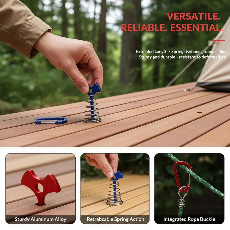 Adjustable Plank Floor Tent Pegs Fishbone Anchor Spring Buckle Anti-rust Outdoor Nails for Outdoor Survival