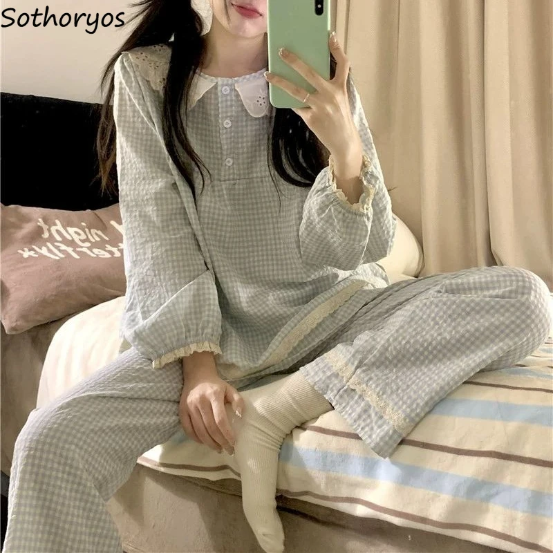 

Pajama Sets Women Lace Patchwork Ins Style Plaid Sweet Homewear Korean Fashion Autumn Sleepwear Classic Popular Students Ulzzang