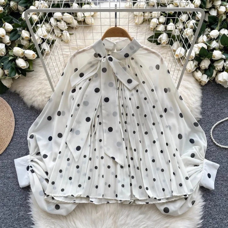 

Internet Celebrity Autumn New Style Sweet Full Body Polka Dot Tied Collar Pleated Shirt Commuting