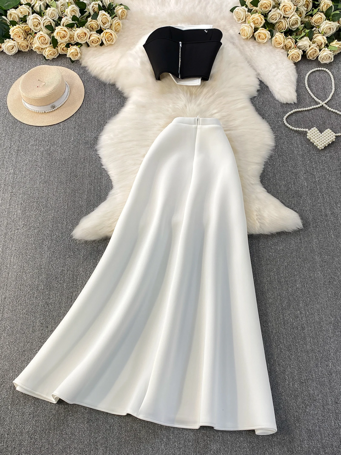 طقم مكون من قطعتين متوسط الطول للسيدات من Ele مع حمالة تخسيس معدنية باللون الأزرق Dr للخريف والشتاء عالي الخصر #4