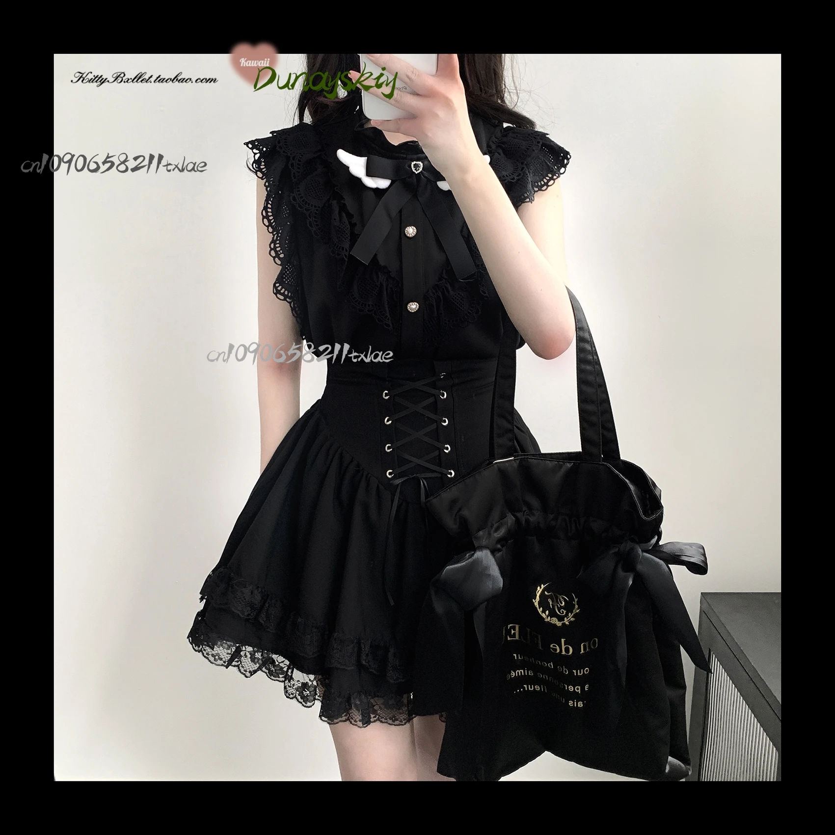 قميص حلو بأكمام طائرة وياقة واقفة من الدانتيل قميص ياباني للهالوين للفتيات والنساء أزياء تنكرية Jirai Kei رائع ولطيف للحفلات اليومية