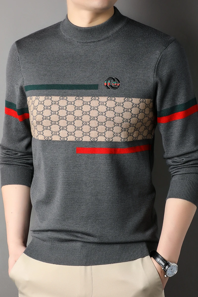 جودة فاخرة الرجال محبوك سترة مخطط رسالة التطريز شبه عالية الرقبة قاعدة قميص الخريف تنوعا الاتجاه غير رسمي الملابس الرجالية #4