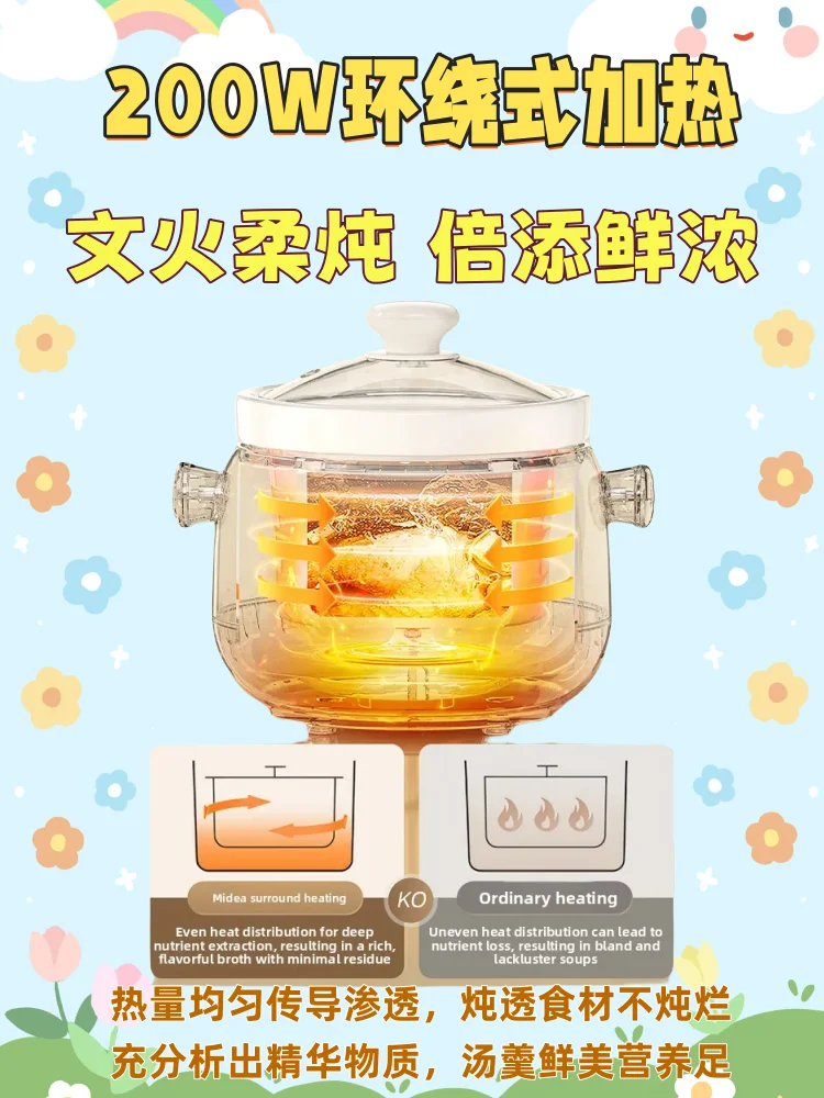 Olla de estofado eléctrica Midea, 220V, 50HZ, 200W, olla de sopa automática, cerámica para el hogar, nueva olla multifuncional para cocinar gachas pequeñas, 1,5 l