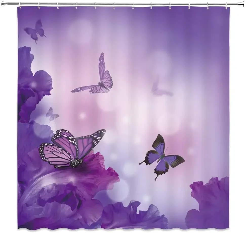 Butterfly Shower Curtains Purple Flowers Butterflies Wings Dream Girls Spring Plants Nature Scenery Fabric Bathroom Decor Hooks