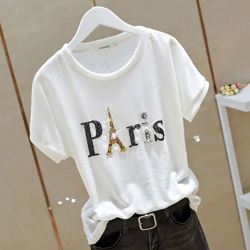 Fashion O-Neck Spliced Beading Letter Printed Blouse Women\'s Clothing 2023 Summer New Casual Pullovers Loose Short Sleeve Shirt