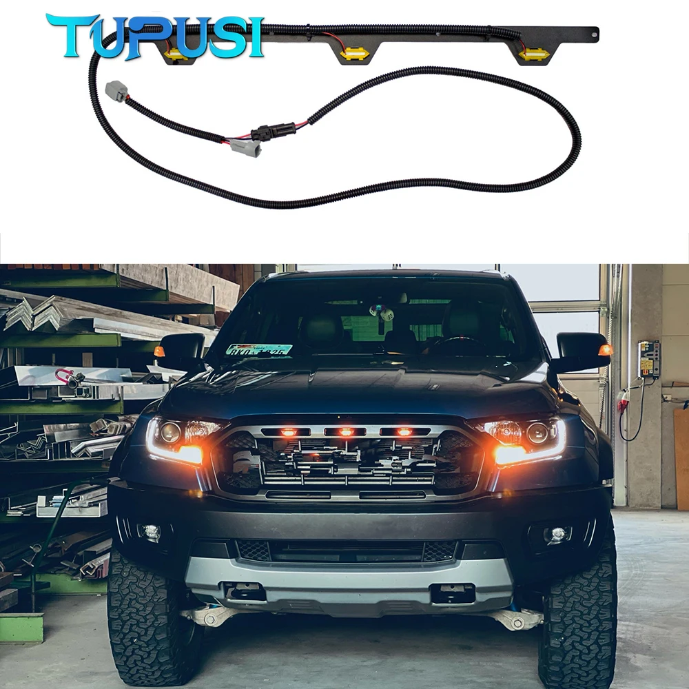Car Grills Amber LED Light Bar 19RR Plug and Play Raptor Style 3 LED Grille Light Kit for Ford Ranger 2019 2020 2021 2022