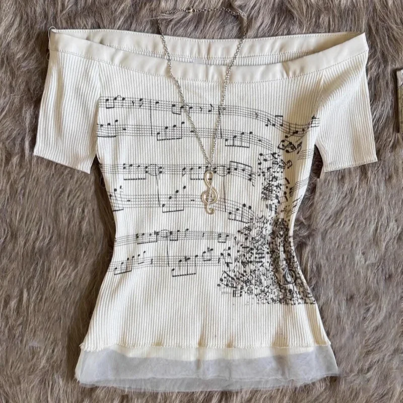 Korean 2000s Punk Goth Girls Graphic Tops Off Shoulder Sexy Lace Cotton T Shirts Cute Music Pattern Y2K Sweet Women Crop Tops