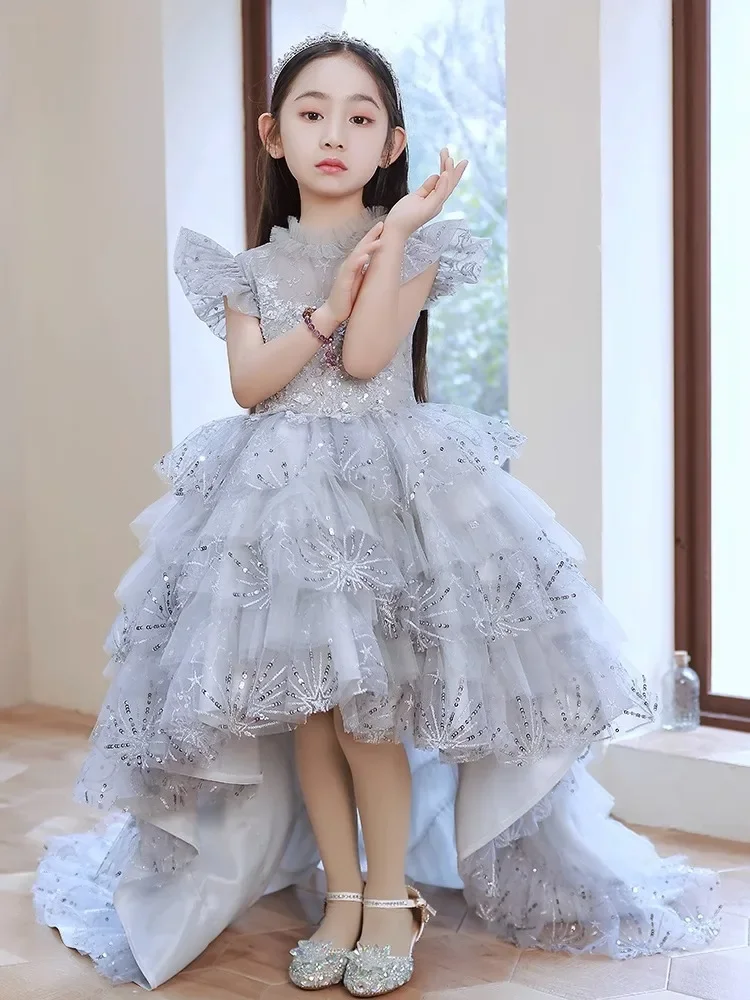 

GUXQD High Low Baby Flower Girl Dresses Court Train Appliques Children Wedding Birthday Party Prom Gowns