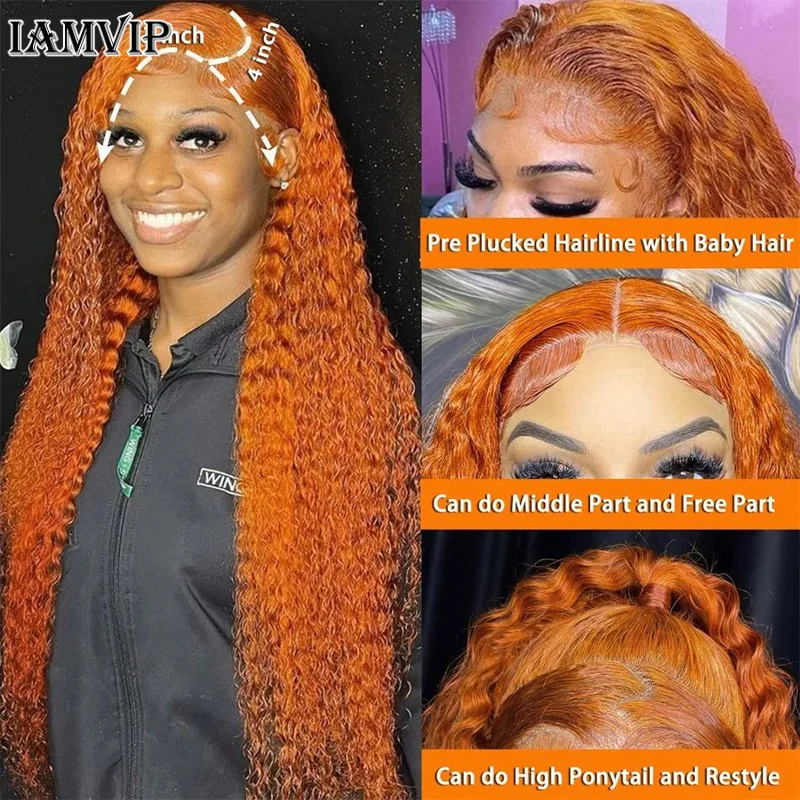 New Orange Ginger Lace Front Wig 30 Inch Curly Lace Front Remy Human Hair Wig Deep Wave 13x6 13x4 Hd Lace Frontal Wigs for Women